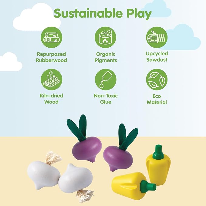PlanToys® Wooden Fresh Produce Radishes, Garlic & Bell Peppers Kids Set | slicing, knife, fruits and vegetables toys, pretend food, girls, boys, fine motor role play imaginative social gift set fun
