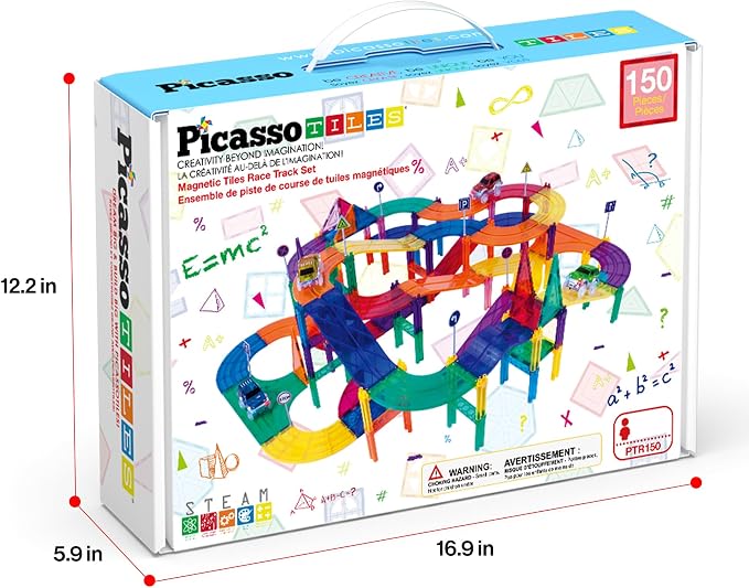 PicassoTiles 150 Piece Race Car Track, Magnetic Building Set with 4 Cars 3+ | BPA-free plastic, screen-free STEM fun, sharpens hand-eye motor skills, expands into full-size collections, smooth safe edges