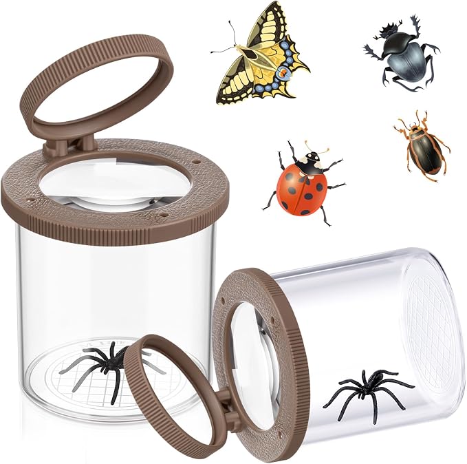 Skylety 2 Pieces Bug Jars Insect Viewer Catcher Bug Magnifying Insect Cage Container for Kids Children Science Nature Exploration Tool(Brown)