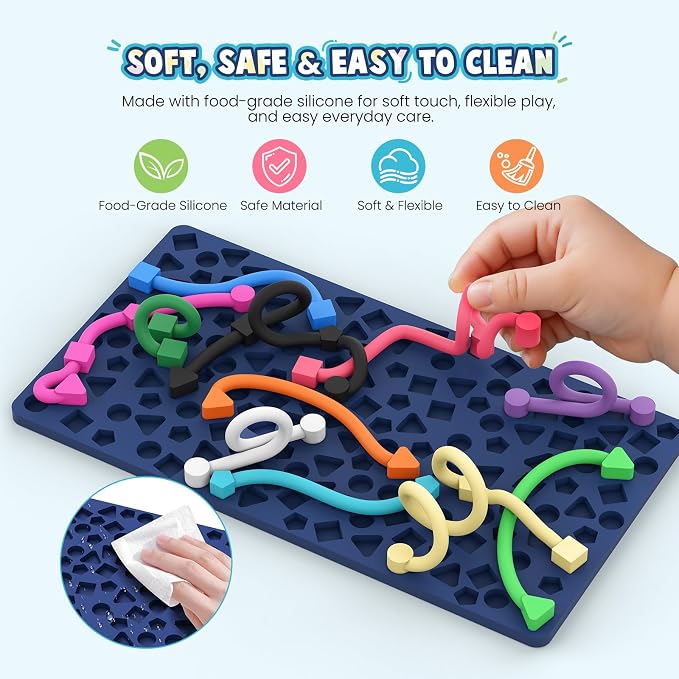 Sensory Activity Board: Ednzion Silicone Fidget Toy for Kids & Adults | Silent, No Mess, Calming for Anxiety, ADHD & Autism | Quiet Montessori Travel Toy with 12 Bendable Strings | Ages 3+