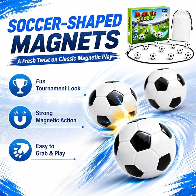 Soccer Magnetic Game with String, 20 Football-Shaped Stones, Strategy Puzzle Board Game for Kids and Adults, 2 Player Tabletop Game for Family Game Night, Travel, Camping, Parties