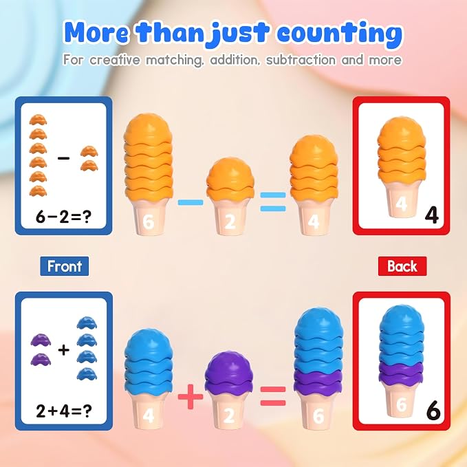 NEOROD Ice Cream Toys for Toddlers 1-5, Montessori Counting Manipulatives | 6 Cones & 42 Scoops Math Color Sorting Set, Fine Motor Stacking Game with Storage Container, Safe Rubber Sensory Play