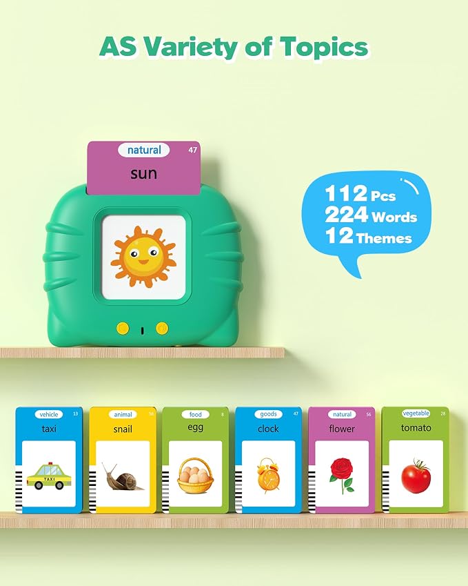 Airbition Talking Flash Cards for Toddlers 1 2 3 4 Year Olds, Green | Montessori Language Learning Toys with 224 Words, Pocket Speech Therapy Playthings, Children's Sensory Educational Toys