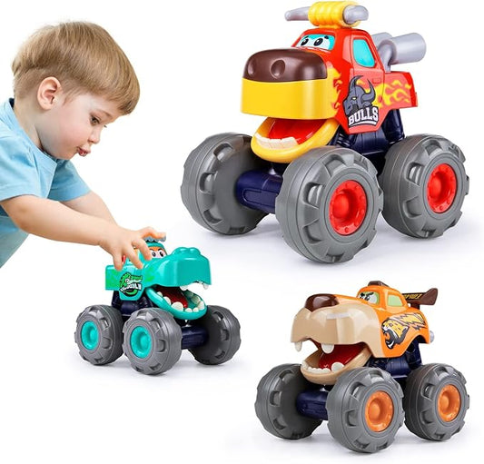Toy Cars for 1-3 Year Old, 3PCS Animal Monster Truck, 1 Year Old Boy Gifts | Baby Toys 12-18 Months, Animal Kids Toy, Christmas & Birthday Gifts, Pull Back Car with Big Wheel, Crocodile Bull Leopard
