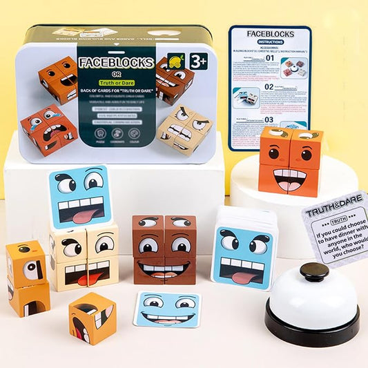 Face Changing Magic Cube Game, Wooden Expression Puzzle Block Games, Fine Motor Skills Board Games for Kids & Adults with Bell