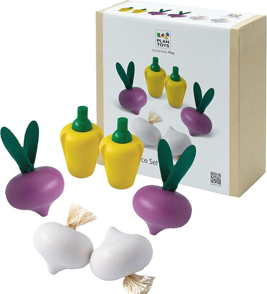 PlanToys® Wooden Fresh Produce Radishes, Garlic & Bell Peppers Kids Set | slicing, knife, fruits and vegetables toys, pretend food, girls, boys, fine motor role play imaginative social gift set fun