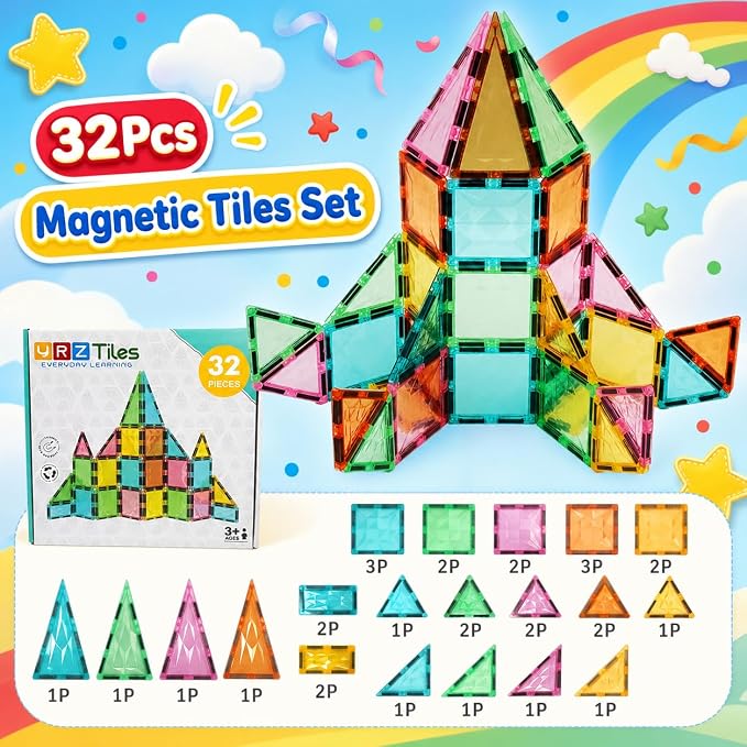 Magnetic Tiles with Playboard, STEM Building Blocks, 32-Piece | Encourages creativity, imaginative play, and early learning through hands-on exploration