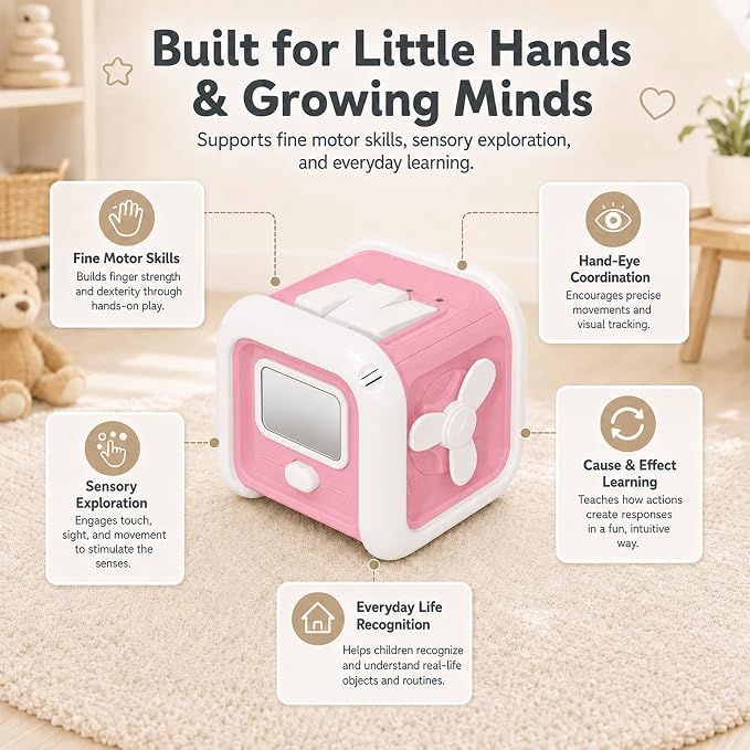 Montessori Toys for 1 Year Old Girl Boy - Busy Board with Light - Travel Sensory Toys for Toddlers 1-3 - Birthday Gifts Christmas Stocking Stuffers - Baby Toys 12-18 Months (Pink)