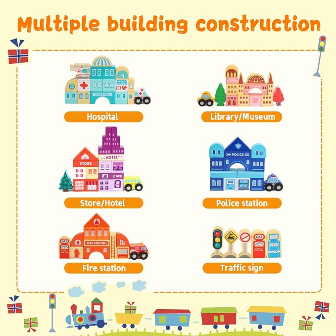 Adena Montessori Wooden Tabletop Train Set, Large, 3+ | Safe wood, 75 blocks + Train. Build tracks & city. Boosts motor, logic & creativity. Take-along tabletop. Gift 3+.