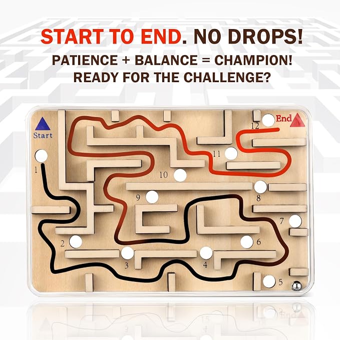 Handheld Fidget Brain Teaser Puzzle Game for Kids - Challenging Wooden Labyrinth Marble Maze for Boys - Fun Brain Teaser Fidget Toys for Travel Christmas Stocking Stuffer for Kids Ages 3 4 5 6 7 8