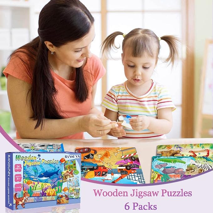 Puzzles for Kids Ages 3-5 24 Piece Wooden Puzzles 6 Pack | Colorful Toddler Jigsaw Puzzles, Educational Learning Toys, Birthday Gifts for Boys Girls