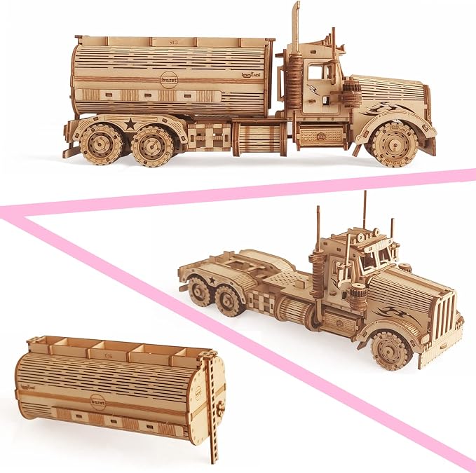 3D Wooden Tank Truck Puzzle, Wood Crafts DIY Assembly Mechanical Truck Model Kits, Wooden STEM Brain Teaser Puzzles, Christmas Birthday Gifts for Adults & Teens