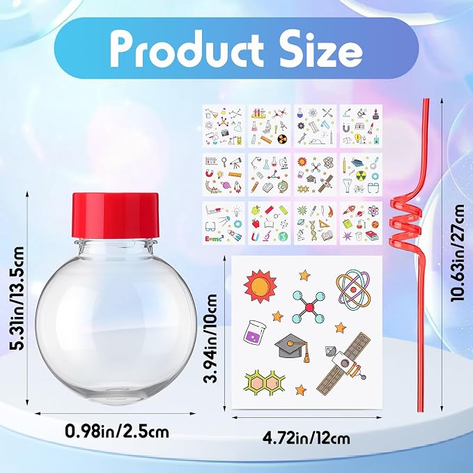 Jingmore 36 Pcs Science Party Theme Cups Set with Silly Loop Straws Science Stickers Plastic Reusable Small Conical Flask Bottles Test Tubes for Birthday Party Decorations(Spherical Bottles)