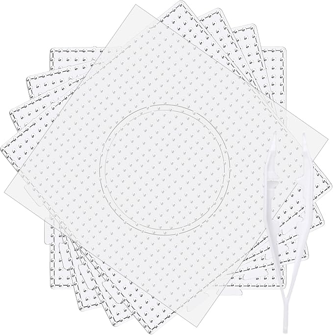 4pcs 5mm Large Square Fuse Beads Pegboards, Plastic Bead Boards | Clear Plastic Boards, Ironing Paper and Tweezers Included, Fits 5mm Fuse Beads, Kids DIY Craft Activity