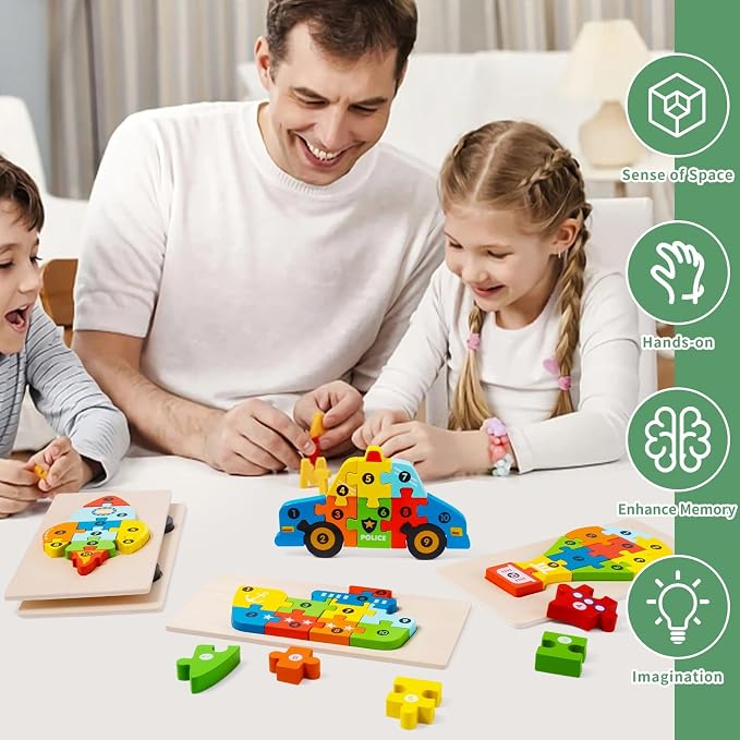 6 Pack Wooden Puzzles for Toddlers Ages 3-5, Montessori Vehicle Puzzle Toys | 60 Pieces, with Numbers 1-10, CPC certified, Educational Learning Toy, Birthday Gift for 3 4 5 Year Old Boys & Girls
