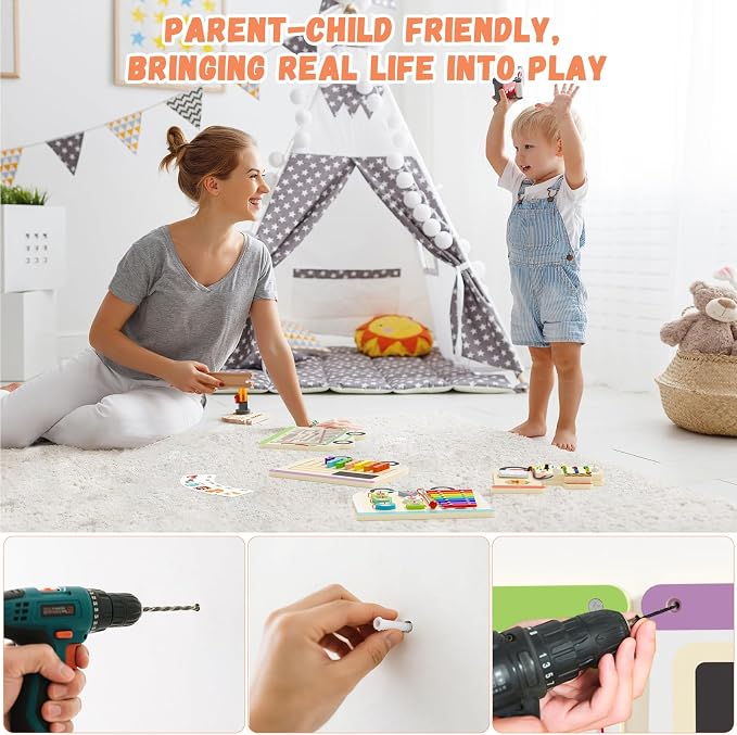 Montessori Sensory Board - Electric Train Wooden Wall Busy Board, Toddler Learning Panel Wall-Mounted, Interactive Playroom Activity Gifts for Kid, Educational Toys for 3-6 Years (Colorful Train)
