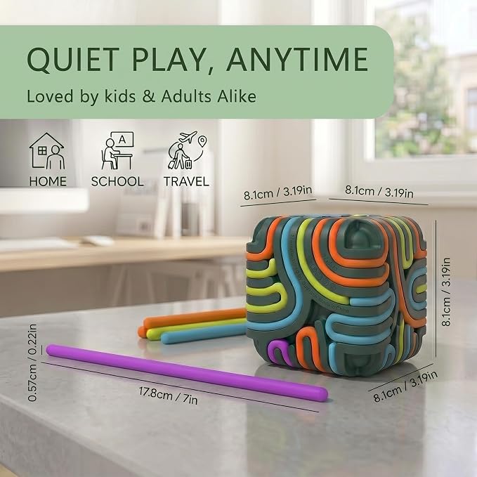 Sensory Activity Board Cube Fidget Toys for Kids & Adults - Zero Noise Silicone Quiet Toddler Travel Toys for Car Rides & Airplane - Autism ADHD Calming Toy Gift Stuffers with 15 Strings