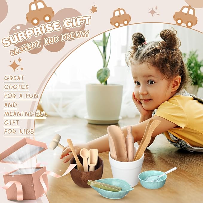 14pcs Sensory Bin Tool Sensory Tools for Boys and Girls Fine Motor Skill Toys Wooden Tong Spoons Bowls Plate Hammer Magnifying Glass and Rolling Pin for Transfer Work and Fine Motor Learning