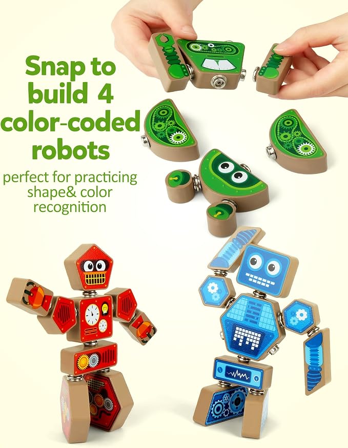 Coogam Snap Together Robot Builders for Toddlers | Wooden Take Apart Robot Build Block Playset, Fine Motor Skill STEM Educational Montessori Toy Gift for 3 4 5 Years Old Kids