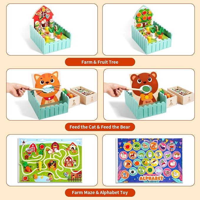 INIFEIDALA Montessori Farm Learning Game for Toddlers 3-5 | Wooden Activity Board,Challenge Cards,Fine Motor Skills,Sorting & Letter Matching,Screen-Free Educational Toy