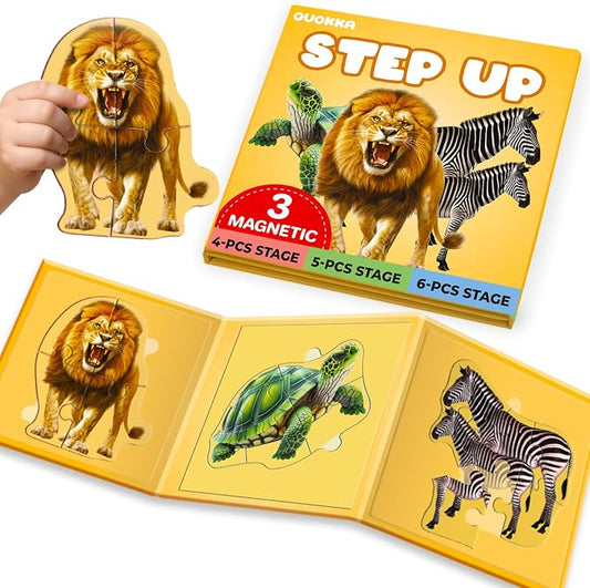 QUOKKA Step Up Magnetic Puzzles for Toddlers 1-3, Wild Animals Puzzle Set in One Book, Travel Games for Kids 3-5, Screen Free Toy for Toddlers and Preschoolers