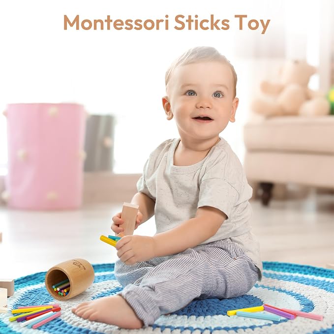 Woodtoe Montessori Color Sorting Toy, 11 Colors Montessori Sticks for 1 2 3 Year Old, Wooden Sensory Toys for Toddler, Fine Motor Skills, Educational Learning Birthday Toys Gift for Boys and Girls 1-3