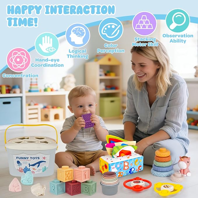 Montessori Toys for Babies 6-12-18 Months 6 in 1 Infant Sensory Baby Toy | Stacking Cups Shape Sorter Box Suction Spinner Building Blocks Stacking Ring Tissue Box Toddler 1 2 3 Year Old Birthday Gift