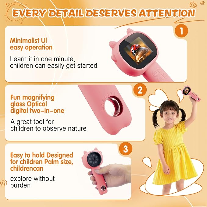 Microscope for Kids - 2.4" Screen Mini Pocket Handheld Microscope for Toddlers-STEM Educational Science Kit Toys for Christmas Birthday Gifts Science Kit Toddler for Boys Girls Aged 3-12 (Pink)
