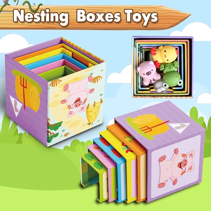 Toddler Farm Animal Sorting and Stacking Toys Gifts for 1-3 Year Olds | Toys for Age 12-18 Month, Number Nesting Boxes Stackable Toy With Finger Puppet, Montessori Toy Gifts for 1 2 3 Year Boy Girl