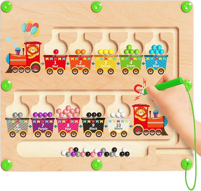 Magnetic Color and Number Maze, Montessori Toys for 2 3 4 Year Old- Train | Birthday Gifts for Girls Boys, Wooden Color Matching Puzzle Board, Preschool Learning Activities, Travel Toys for Ages 2-4