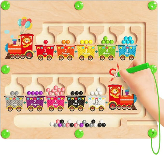 Magnetic Color and Number Maze, Montessori Toys for 2 3 4 Year Old- Train | Birthday Gifts for Girls Boys, Wooden Color Matching Puzzle Board, Preschool Learning Activities, Travel Toys for Ages 2-4