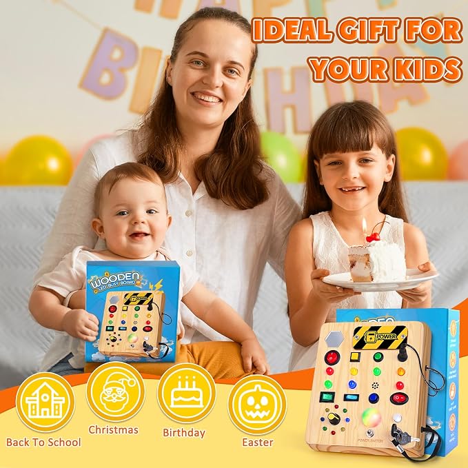 TINTECUSA Busy Board with LED Light, Wooden Sensory Toys for Toddler, Montessori Music Toy for Airplane, Travel Activity Educational Learning Autism Toys, Birthday Boys Girls Gifts
