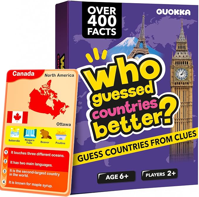 Quokka Who Guess It Better Countries – Educational Game with Visual Clues, Geography Learning Card Set, 50 Cards, Screen-Free Travel Game for Kids Ages 6+