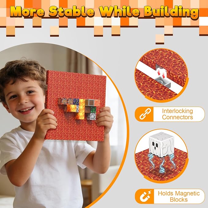 4PCS 4" x 4" Magnetic Building Block Base Plates for Kids, Strong Grip Magnetic Tiles Base Compatible with Most Popular Magnetic Blocks & Cubes, STEM Educational Toys for Boys Girls Ages 3+ (Lava)