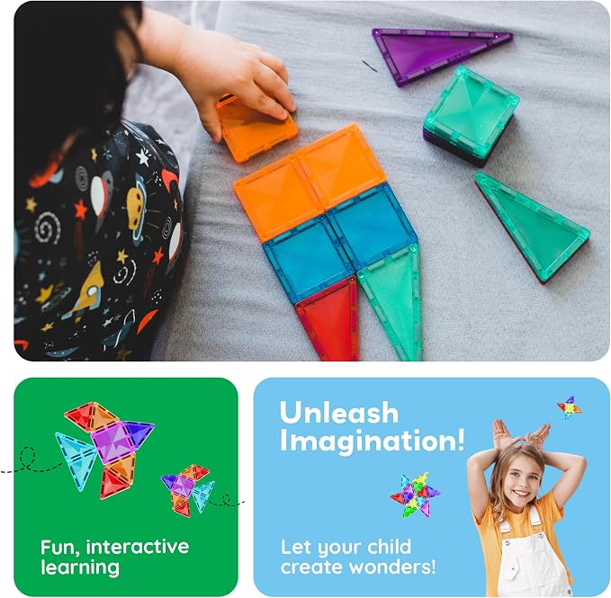 PicassoTiles 30 PCs Magnetic Tiles Travel Size Mini Version Building Block Construction Set for Kids Great Gift Ages 3+ Boys & Girls Preschool Kindergarten Montessori Playing Toys Stacking Fun PTM30