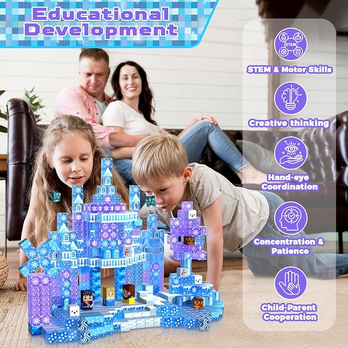 Magnetic Blocks - 100Pcs 0.8in Magnetic Building Block for Kids Ages 4-8, Transparent Magnet Block Blue Princess Castle, Frozen Magnetic Cubes Tiles Princess Toy for Girl 3 4 5 6 7 8-12 Birthday Gift