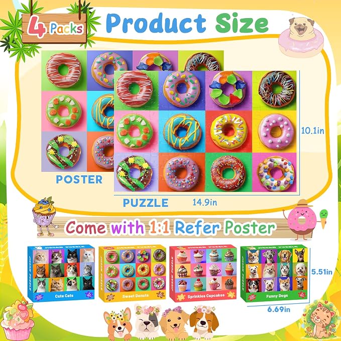 4 Packs 100 Piece Puzzles for Kids Ages 4-6 6-8 8-10, Dogs Cats Cupcakes Donuts Educational Jigsaw Puzzles, Kids Puzzles 4-6 Gifts for Girls Boys