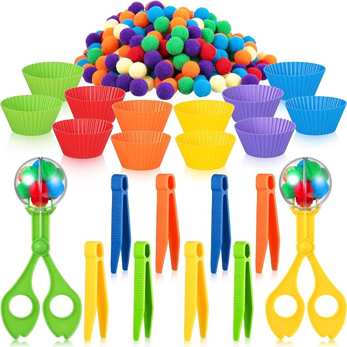 142 Pcs Kids Tweezers Fine Motor Sensory Bin Set, Bowls Tongs Plush Balls | Toddler Sorting Scooper, 12 Bowls, 8 Tongs, 2 Clips, 120 Balls, Spring Sensory Play