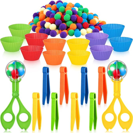 142 Pcs Kids Tweezers Fine Motor Sensory Bin Set, Bowls Tongs Plush Balls | Toddler Sorting Scooper, 12 Bowls, 8 Tongs, 2 Clips, 120 Balls, Spring Sensory Play
