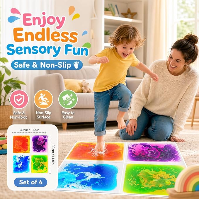 edusense Liquid Sensory Floor Tiles Non-Slip Autism Home&Classroom Play 3+ | Non-Slip Cushioned Motion Tiles for Autism Sensory Play, Home, Motor Skills, Visual Tracking, Ages 3+