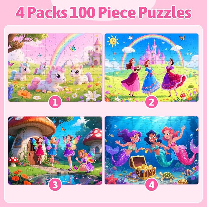 100 Piece Puzzles for Kids Ages 4-6 6-8 8-10, Unicorn Mermaid Fairy Princess Jigsaw Puzzles 100 Pieces Kids Puzzles Ages 3-5 4-6 5-8, Educational Learning Toys Gifts for Girls Boys 4-Pack 15"x10"