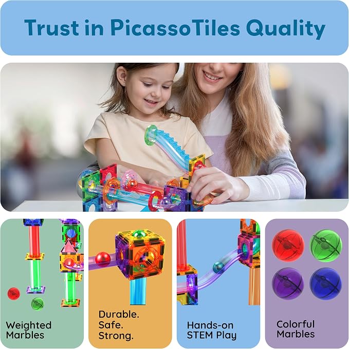 PicassoTiles 4pc Marbles for Magnetic Block Tiles Marble Run Race Track Magnet Building Tile Blocks Racetrack Maze Construction Toys Creative Toy Girls Boys 3 and Up Early Education STEM Learning Kit