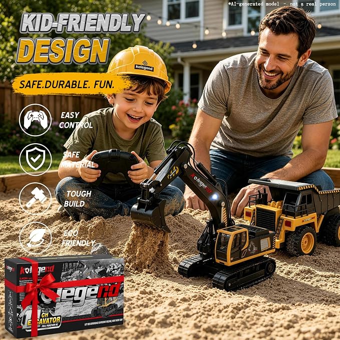 1:18 Scale RC Excavator Toy with Metal Shovel, 11 Channels Remote Control Construction Truck, Real Digging on Dirt & Sand 2 Rechargeable Batteries Gift for Boys Girls Kids 6-12 Years Old