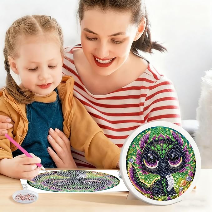 Gemozaic Dragon Diamond Art Kits for Kids Ages 8-12, Round Frame, 8 x 8 in | Black Dragon Diamond Art for Kids 10 Year Old, DIY Easy Kid Gem Painting, Cute Animal Arts and Crafts for Girl Birthday Gift