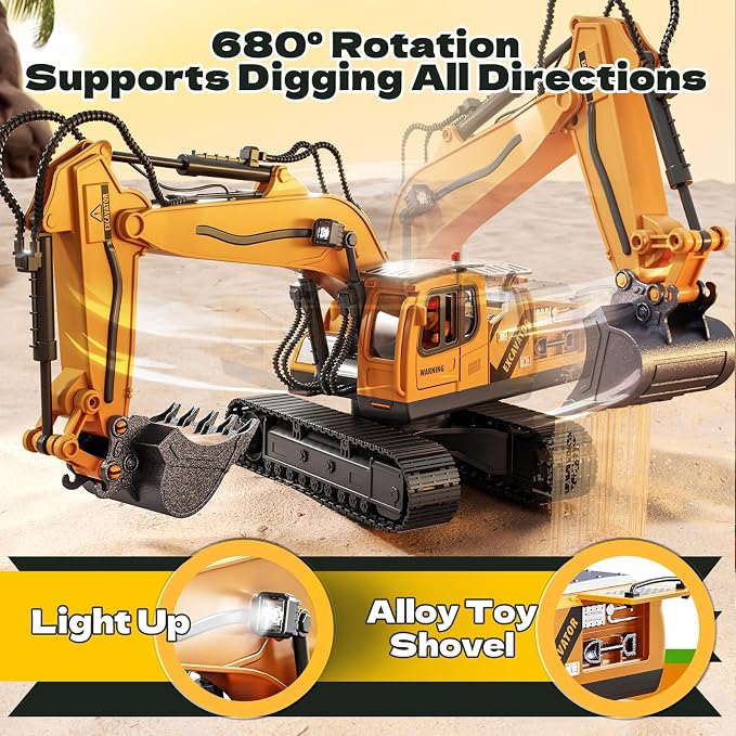 RC Excavator Toys for 3 4 5 6 7 8 Year Old Toddler Boys, 15 Channel Remote Control Construction Toys W/Sandbox & 2.2 lb Sands, Sandbox Toys W/Light & Sound, Birthday Gift for Kids Boys Age 4-6