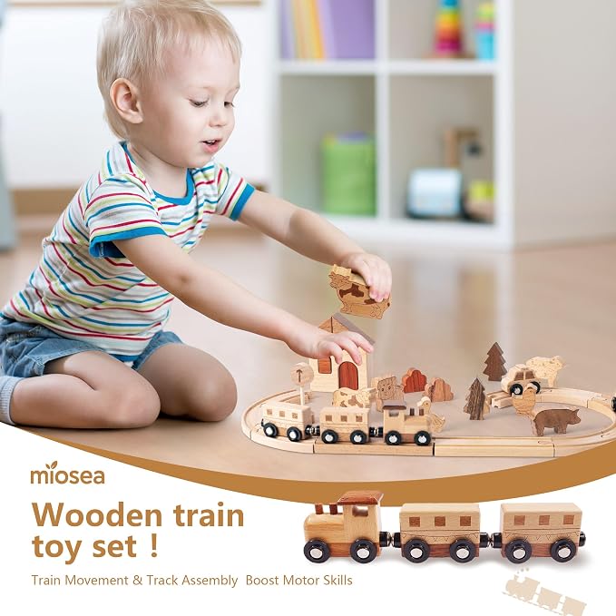32PCS Wooden Train Set for Toddlers, 10.6 by 8.66 Inch Compact Size Double-Side Tracks Expandable Montessori Toys Compatible with Educational Fine Motor Skills Toy for 3 Year Old Boys Girls