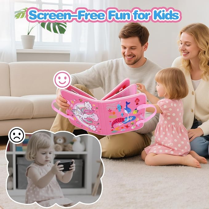 GONINO Toddlers Busy Book for 1-3 Year Old Girls, Montessori Busy Board | Fine Motor Skills Sensory Toy, Travel Toys for Airplane Car, Baby Activities Books, Pink Gift for Girls