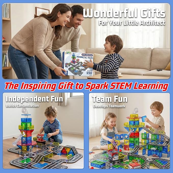 SKTMYY 150PCS Magnetic Tiles Road Set with Marble Run, Preschool Magnet Tiles Included Magnetic Cars. STEM Magnetic Tiles for Kids, Preschool Educational Building Toys for Boys & Girls