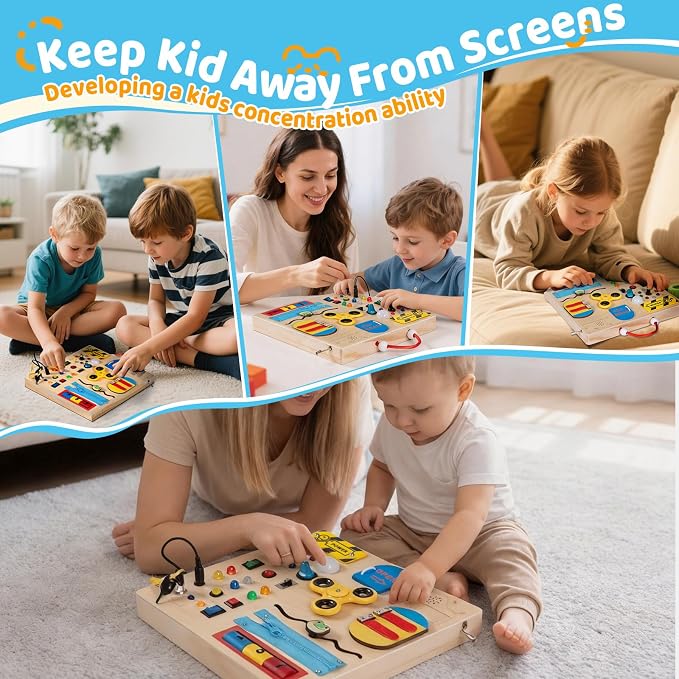 Wooden Busy Board Montessori Toy for Toddlers,Educational Learning Toy for 1 2 3 Year Boys & Girls,Sensory Activity Board with LED Light & Music Boxes, Travel Toys for Kids Birthday Gift