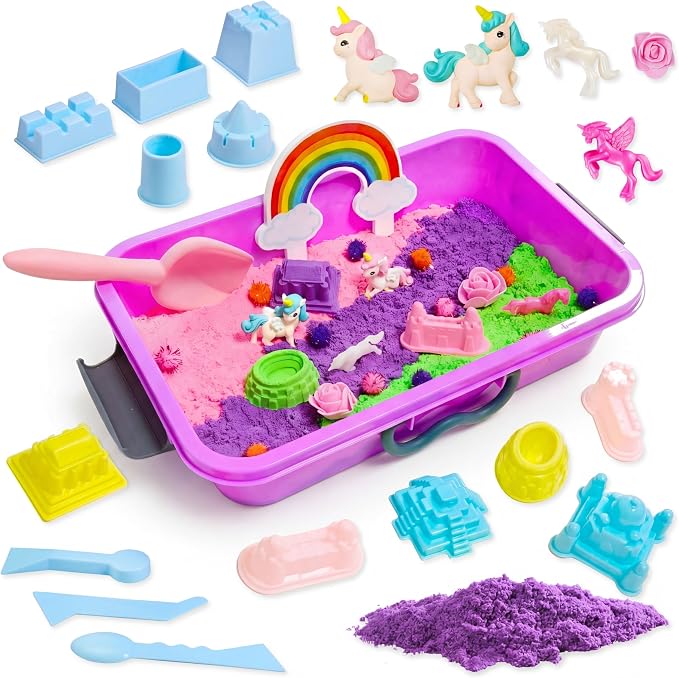 AGENTLAN Unicorn Sensory Bin,Sensory Sand Kit, Gift for Girls Ages 3-8 | Unicorn toys, sensory toys with portable sand box, indoor outdoor kits for girls and boys